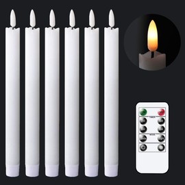 GenSwin Taper Flameless Candles Flickering with 10-Key Remote, Battery Operated Led Warm 3D Wick Light Window Candles Real Wax Pack of 6, Christmas Home Wedding Decor(White, 0.78 X 9.64 Inch)