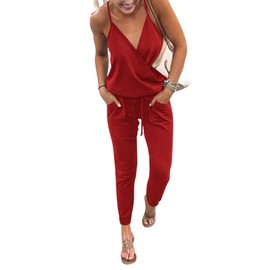 PRETTYGARDEN Women's Summer Casual Jumpsuits Wrap V Neck Sleeveless One Piece Pants Romper with Pockets (Red,Small)