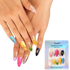 Tesytto Handmade Press on False Nails Medium Almond Fake Nails French Tips, Muti-Layer Gel Acrylic Nails for Women Nail Art (Summer Dopamine Glow, Small)