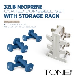 Tone Fitness 32 LB Neoprene Dumbbell Set with Storage Rack – Non-Slip, Anti-Roll Hand Weights for Home Gym Workouts - Blue