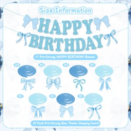 Blue Bow Birthday Party Decorations, Glitter Bow Birthday Banner Bow Party Hanging Swirls Decoration Set for Girls Bow Birthday Decorations, Bow Party Decor, Bridal Shower Party Supplies