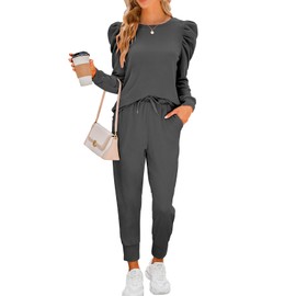 Onedreamer Womens 2 Piece Outfits Solid Color Pullover Top Long Pants Sweatsuit Tracksuit Lounge Set (Dark Grey,XL)