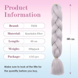 Tess Jumbo Braids, Hair Extensions, 60 cm, Kanekalon Synthetic Hair for Braiding, Box Braids, 100 g/Bundle, Pack of 3, Silver White