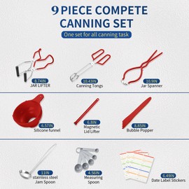 Canning Supplies Starter Kit,Canning Kit for Beginners of 9 with Jar Lifter，Wide Mouth Funnel,Wrench,Tongs,Lid Lifter,Bubble Popper,Canning Labels,ladle,Measuring Spoon-Red