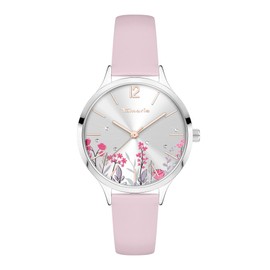 Tamaris Flower Design Watch Dial, pink, The watch has a classic design with round case and leather strap, making it an elegant ladies watch. However, specific references to a certain style such as