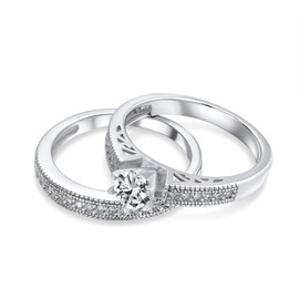 Bling Jewelry Round Solitaire CZ Pave Band Antique Style Anniversary Wedding Ring Set 925 Silver,Clear,6