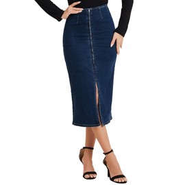 Allegra K Maxi Denim Skirt for Women's Front Slit Zipper High Waist Bodycon Jean Skirt Dark Blue Small