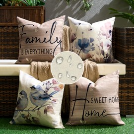 Cushion Cover Spring Brown 40 x 40 cm Set of 4 Linen Waterproof Sofa Cushion Country House Style Cushion Covers Modern Abstract Flowers Birds Watercolour Painting Decorative Cushion for Outdoor Home