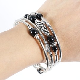 Soulnioi Crystal Beaded Silver Bangle Wrap Bracelet Multilayered Bohemian Bracelets with Natural Stones, Jewellery Gifts for Women/Girls (Obsidian)