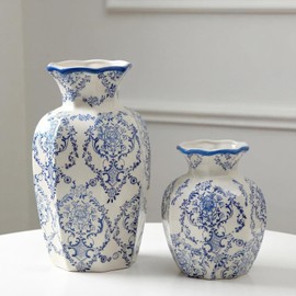Jarrón vintage azul y blanco de 9.5 pulgadas, 6 pulgadas, jarrones rústicos de cerámica para decoración del hogar, sala de estar, estantería, oficina, gran decoración milenaria, decoraciones de chinoiserie