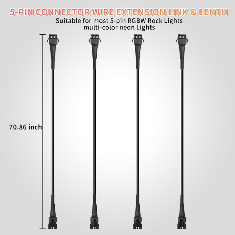 4PCS 70 inch/5.90FT 5-Pin RGBW LED Rock Lights Extension Cord