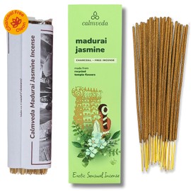 Madurai Jasmine Incense Sticks Exotic - Sensual Aroma (80 Sticks) Charcoal Free Incense, Made from Upcycled Flowers | Rich Decadent from Green, Fruity Yet Creamy Floral | Encens en Baton |