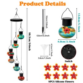 HlaitsWit Solar Power Hummingbird Feeders - Colorful Hand Blown Glass Wild Bird Feeders Light Up at Night for Garden Patio Outdoor Hanging Decor 6 Feeding Ports Feeders Gardening Gift for Bird Lover