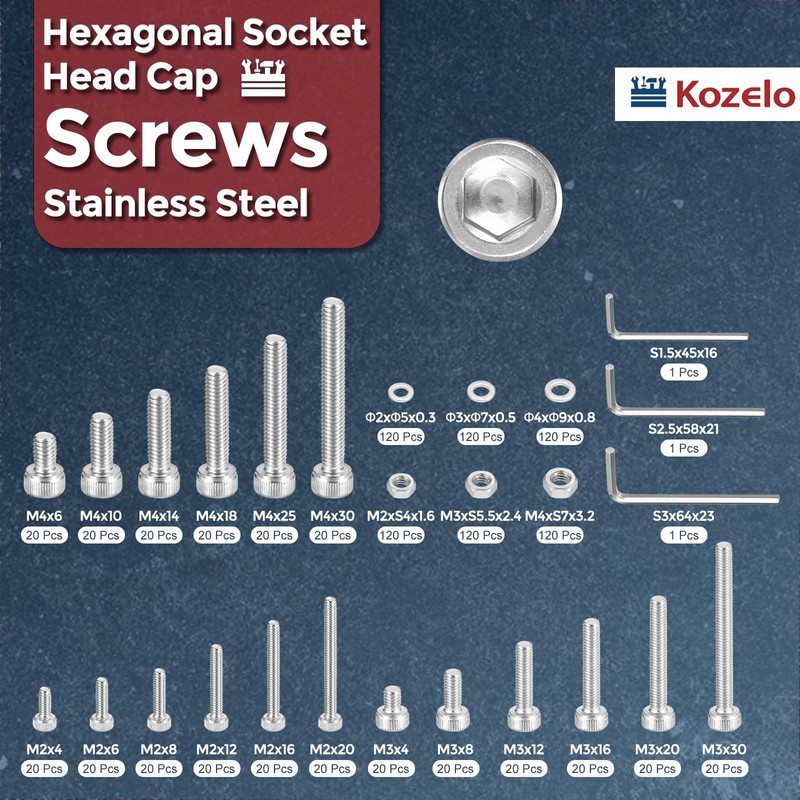 Kozelo 1080pcs Hex Socket Cap Screw Bolt Nut Assortment Kit