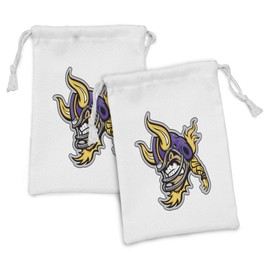 Lunarable Sports Fabric Pouch Set of 2, Image of a Snarling American Football Viking Mascot with Horns Illustration, Small Drawstring Bag for Toiletries Masks and Favors, 9" x 6", Purple Yellow Grey