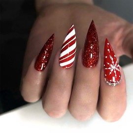 30PCS Christmas Nails - Glitter Red False Nails Long -Fake Nails with Glue - Strong Press on Nails Almond - Snowflake Candy Stripe Stick on Nails - Full Cover Nail Tips Nail Design