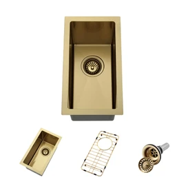 Gold Wet Bar Sink, 10 x 18 Undermount Bar Sink | Stainless Steel Small Undermount Kitchen Bar Sink 16 Gauge Single Bowl with Grid and Drain Strainer