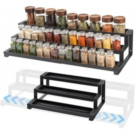 Gewürzregal Ausziehbar 3 Stufig, Erweiterbares Spice Rack aus Metall, Küchen Organizer für Schrank & Arbeitsplatte, Gewürzhalter mit Anti-Rutsch Füßen, Schwarz