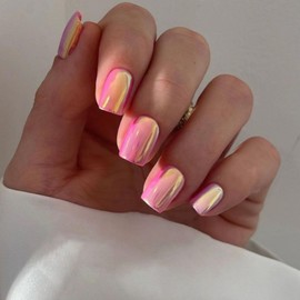 KQueenest Chrome Press On Nails - Glitzer Rosa Nägel zum Aufkleben Kurz Eckig, Sparkle Bling Fake Nails Künstliche Fingernägel zum aufkleben, Glasiert Acryl Nägel für Frauen, 24 Stück