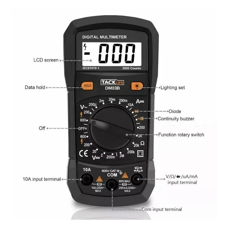 TACKLIFE Multimeter Electrical Tester 2000 Counts Manual-Ranging Amp Volt Meter