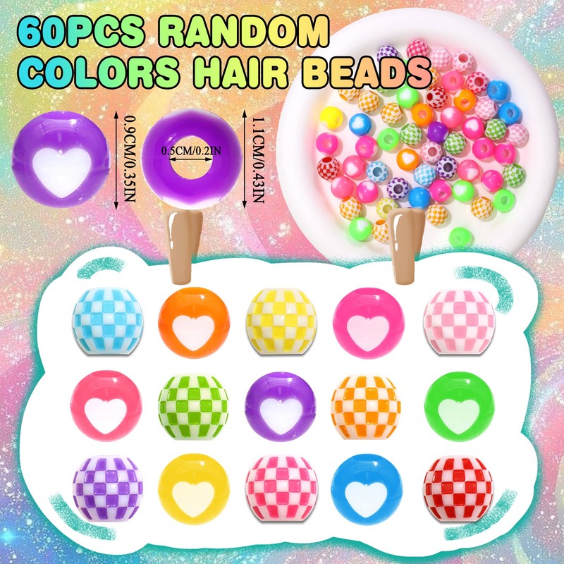 60PCS Coloful Hair Beads Heart Bead Dreadlock Jewelry Multi Colors