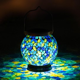 VOREEN Mosaic Solar Lanterns, Outdoor Glass Hanging Lights, Solar Table Lamps, Waterproof Night Lights, Easter Gifts Decor for Garden, Patio, Yard, Balcony, Green & Yellow, Leaves Pattern