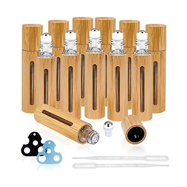 12Pcs 10ml Bamboo Roll on Bottles for Essential Oils, KALYLOC Refillable Perfume Sample Bottles With Stainless Steel Roller, Essential Oil Roller Bottles with 2Pcs Openers and 2Pcs 3ml Funnels