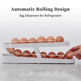 SUBORAWOS Egg Holder for Refrigerator, Automatic Rolling Egg Dispenser, Egg Tray for Organizing Refrigerators and Kitchens (White)