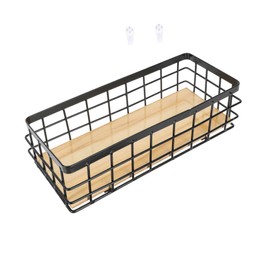 Mobestech 1Set Desktop Iron Storage Basket with Wood Board Hanging Organizer for Cosmetics Essentials Black Practical and Easy to Install for Home Office Use