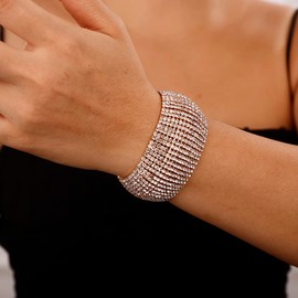 Denifery Crystal Rhinestones Cluster Wide Bangle Bracelet Rhinestone Stackable Stretch Bracelets for Women (Gold), 19.5cm, Rhinestone Alloy