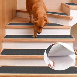 GOYLSER Stair Treads Carpet Peel and Stick with Self Adhesive Tape - 15 Pack Washable Stair Pads for Wooden Steps Non-Slip - 100% Safety Edging Stair Carpet Mat Protector, Grey 8"x30"