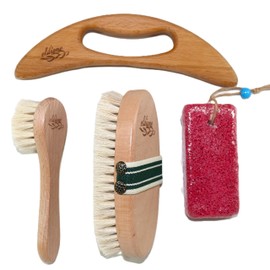 4-pc Dry Brush - Exfoliating Body, Face & Foot, Wooden Massage Maderoterapia Tool, Crescent Model Meridian Pressure for Lymphatic Drainage, Cellulite, Anti-Callus Pumice Stone (Crescent Model)