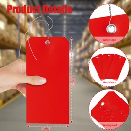 100 Pieces 4x8 inch Large Plastic Tags with Wires Heavy Duty Waterproof Shipping Tags with String Writable Blank Hang Tags for Luggage Garage Inventory Car Parts (red)