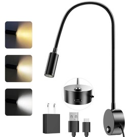 ERAY Plug-in LED Wall Mount Reading Light with 15" Flexible Gooseneck & USB Charging Port Dimmable Focused Bedside Reading Lights Black-1 Pack