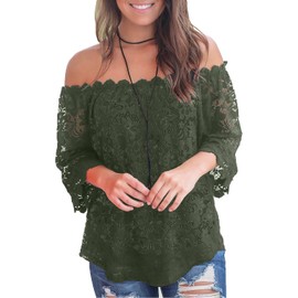 MIHOLL Women's Lace Off Shoulder Tops Casual Loose Blouse Shirts 2024 (Army Green, X-Large)