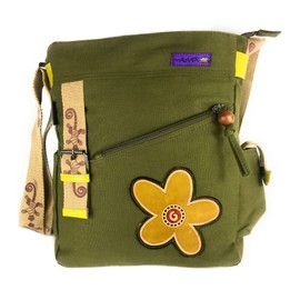 Macha Women's Ethnic Colorful Printed Cotton Leather Purse Handbag with Colorful Printing and Leather Inserts, Green