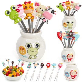 Juego de 18 púas de comida de animales, mini tenedor de frutas de dibujos animados con mango de silicona, soporte de almacenamiento de cerámica,...   