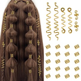 TEBIEKOY 26pcs Gold Hair Accessories for Women Loc Hair Jewelry for Braids Metal Dreadlock Beads Set Snake Hair Clips Decoration Gold