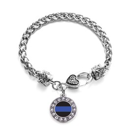 Inspired Silver - Blue Line Law Enforcement Support - Silver Braided Bracelet for Women - Circle Charm Bracelet Jewelry Gift with Cubic Zirconia - Women's Charm Bracelet with Lobster Claw Clasp