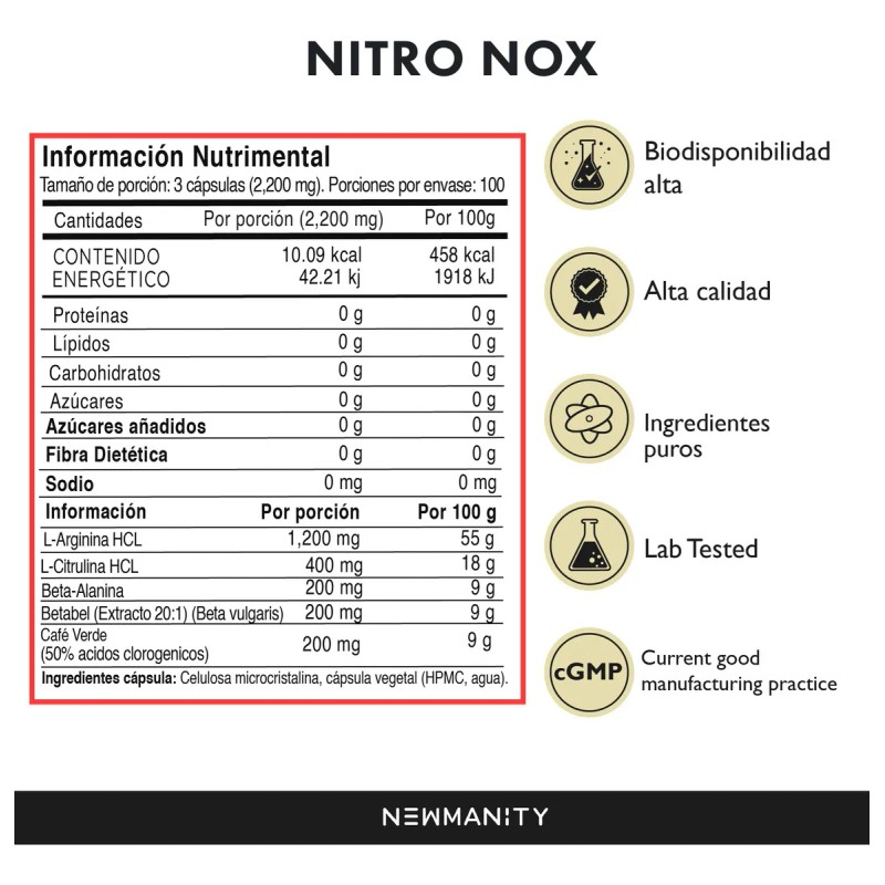 Suplemento en cpsula Newmanity MineralesVitaminas de Nitro NOX x 733mg
