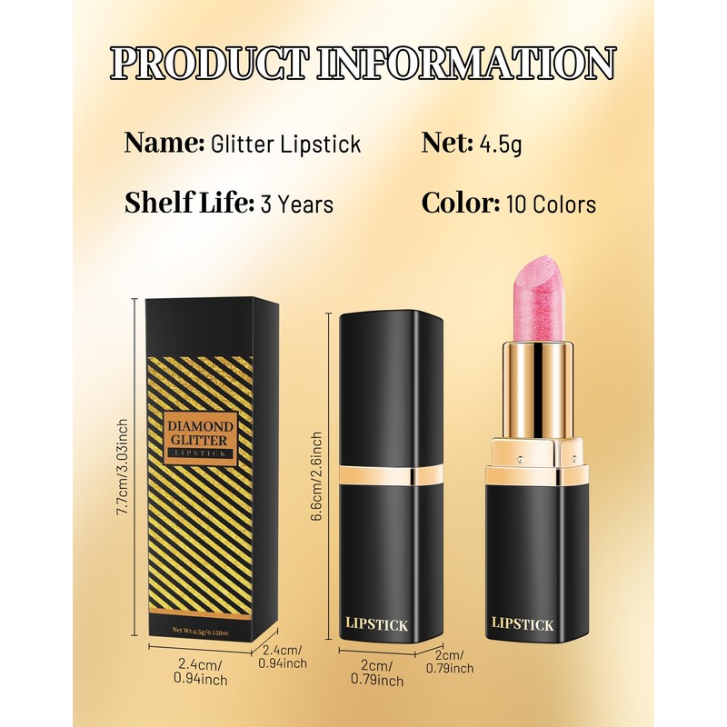Glitter Metallic Lipstick Long Lasting,Rose Pink Creamy Lip Gloss for