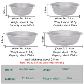 Boundless Voyage Camping Plate Titanium Pan Dish Bowls Set Ultralight Dinner Plate Stackable Tableware Set for Outdoor Home Kitchen D-Ti1148t