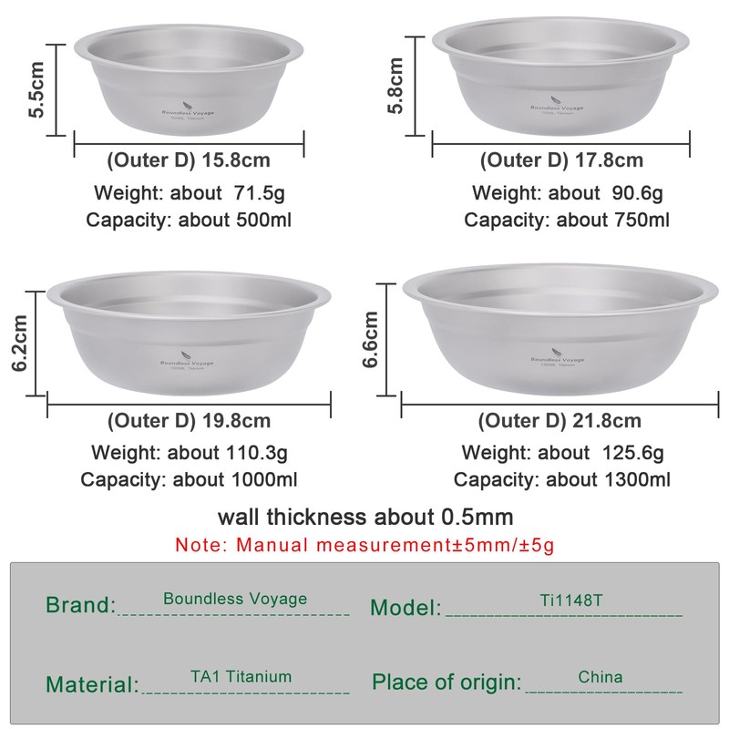 Boundless Voyage Camping Plate Titanium Pan Dish Bowls Set Ultralight
