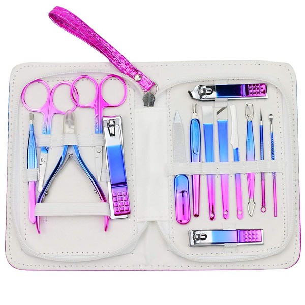 ZIZZON Manicure set Pedicure kit Nail Care Grooming tool with Zipper Travel Case Blue Purple