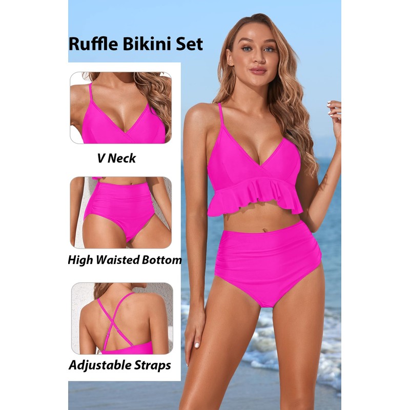 Tempt Me Dark Pink Ruffle Bikini Set High Waisted Two