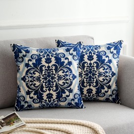 DakTou Cushion Cover, 40 x 40 cm, Blue Boho Mandala Floral Geometric Decorative Cushion Cover, Sofa Cushion Covers, Linen Decorative Cushion Cover for Sofa, Living Room, Bedroom, Set of 2