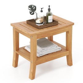 Giantex Teak Shower Bench with Shelf - Shower Stool for Elderly Seniors, Waterproof Teak Wood Non Slip Bathroom Spa Seat, Bathing Stool for Shaving Legs, Indoor & Outdoor Use, 20'' x 14'' x 18''