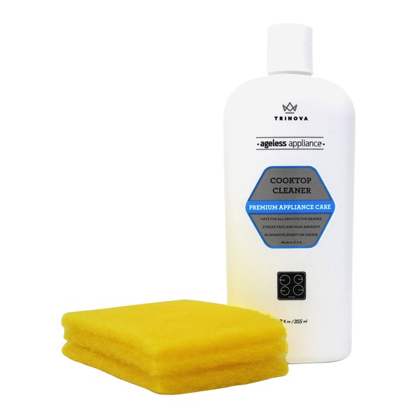 TriNova Premium Cooktop Cleaner and Scrubbing Pads. Best Cleaning Kit for Smooth Top Ranges & Stoves of Glass, Ceramic. Non-Abrasive and Scratch Free scouring sponges with Cream Formula 12oz.