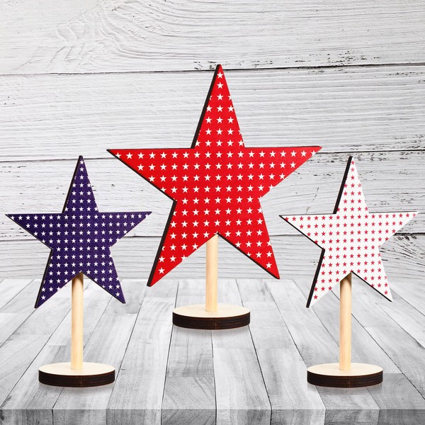 Vicenpal 3 Pieces 4th of July Wood Star Decoration Independence Day Tiered Tray Decor Patriotic Standing Blocks Tabletop Centerpiece Sign for American Festival Celebration Home, Blue,white,red