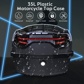 LESANM 35L Motorcycle Top Case, Motorcycle Daily Tail Box Trunk Lockable Storage Carrier Plastic Case with Soft Backrest Universal Mounting for Helmet Luggage, Waterproof Motorbike Top Box - Black